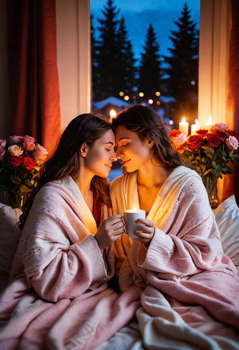 A romantic scene depicting two individuals sharing a heartfelt moment, surrounded by soft candlelight and beautiful flowers. Their body language illustrates warmth and connection, as they hold hands and gaze into each other's eyes. Subtle elements like a cozy blanket and a warm beverage add to the intimate atmosphere. Choose a warm color palette with a dreamy background that evokes feelings of love and affection. super-realistic. vibrant colors. soft focus.