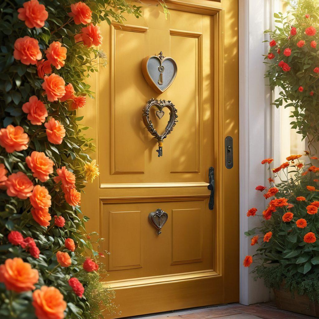 A heart-shaped key unlocking a golden door surrounded by vibrant flowers, symbolizing love and connection. Soft light filtering through the door, revealing silhouettes of diverse couples embracing joyfully. The atmosphere conveys warmth and happiness, inviting trust and connection. The background features a serene garden, enhancing the theme of growth in relationships. super-realistic. vibrant colors. soft focus.